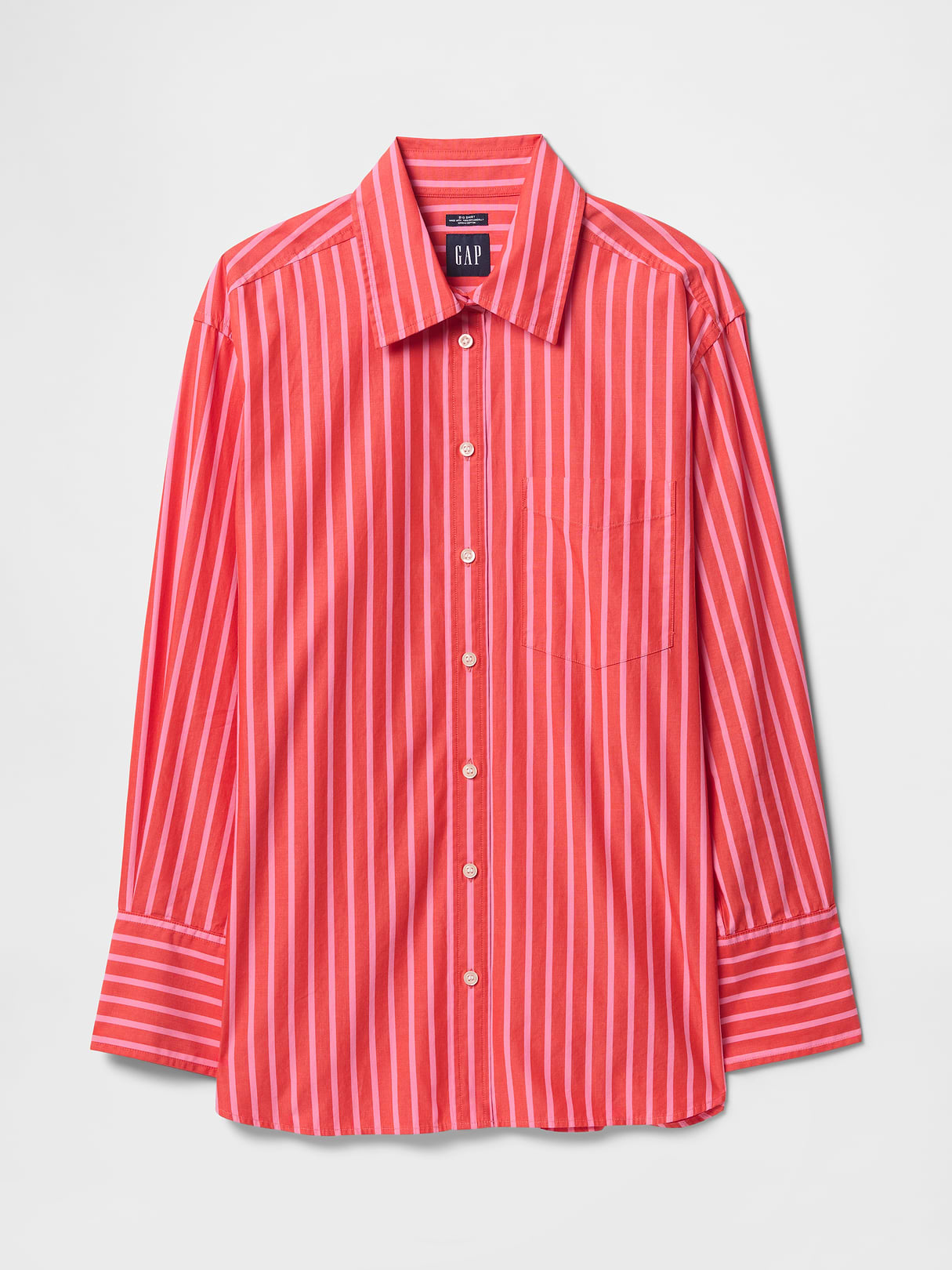 Organic Cotton Poplin Stripe Big Shirt - Pink and red stripe