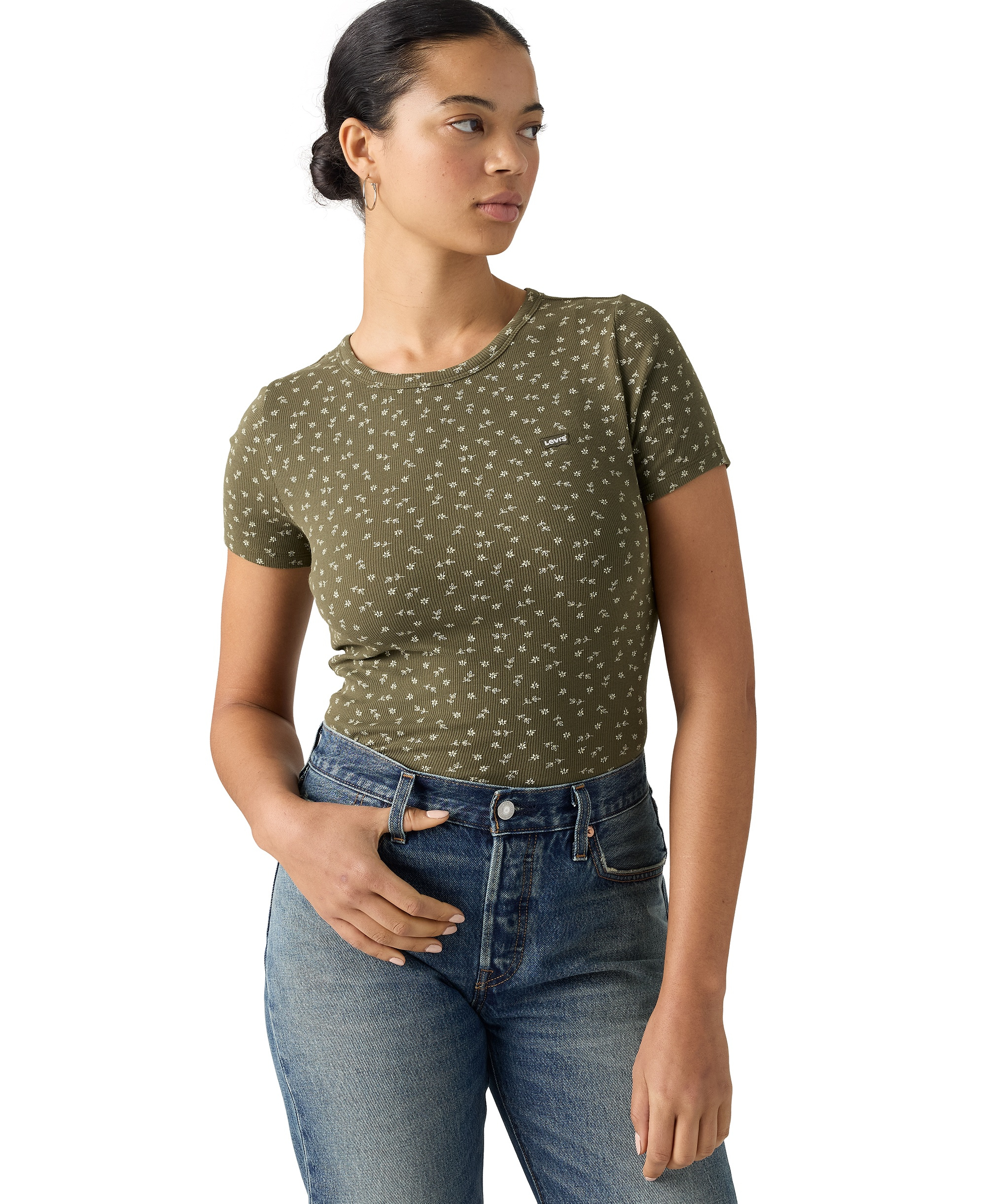 Levi's Women's Hayes Slim-Fit Short-Sleeve Crewneck T-Shirt - Jaana Floral V2 Olive Night