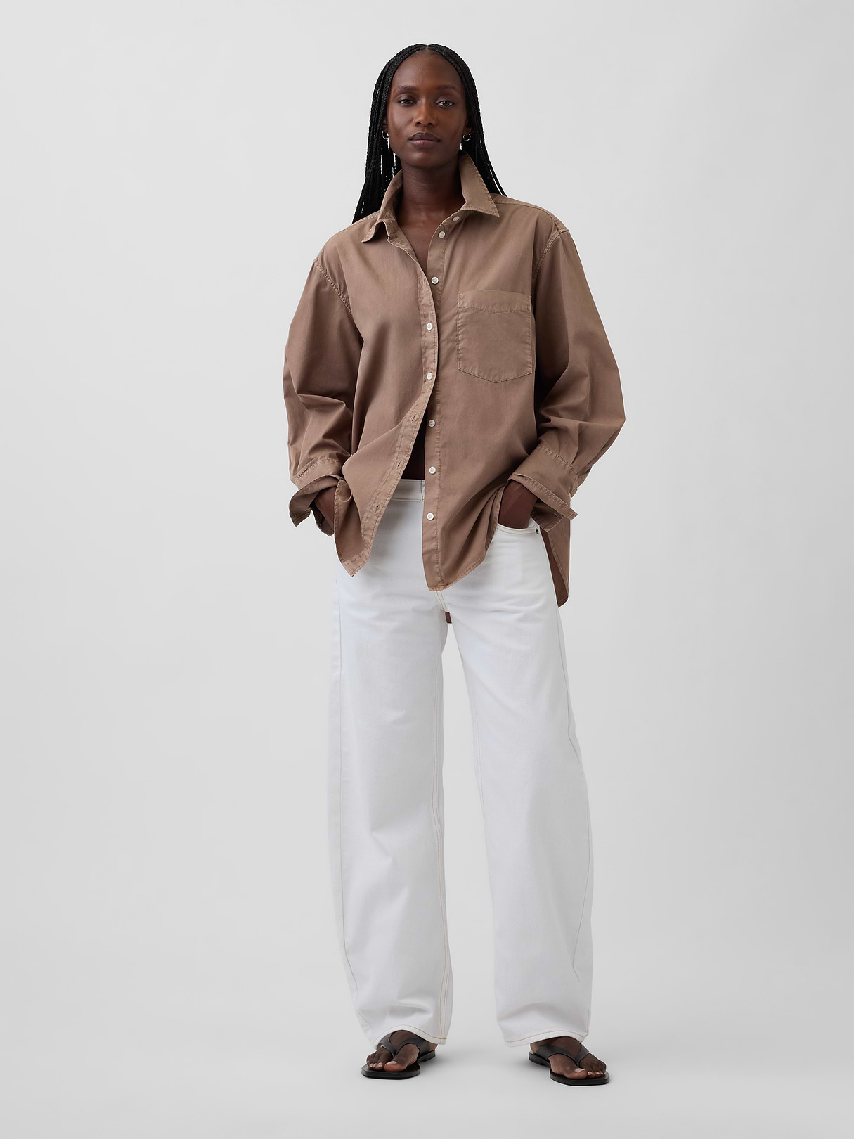 Organic Cotton Poplin Stripe Big Shirt - Amber wood brown