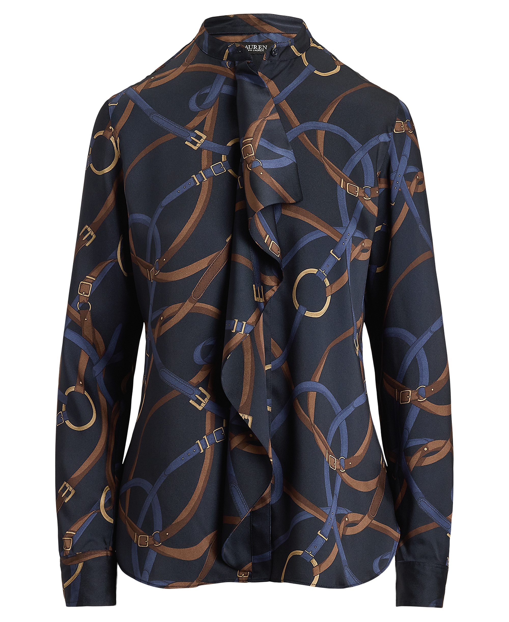 Lauren Ralph Lauren Women's Belting-Print Ruffle-Trim Twill Shirt - Navy Multi