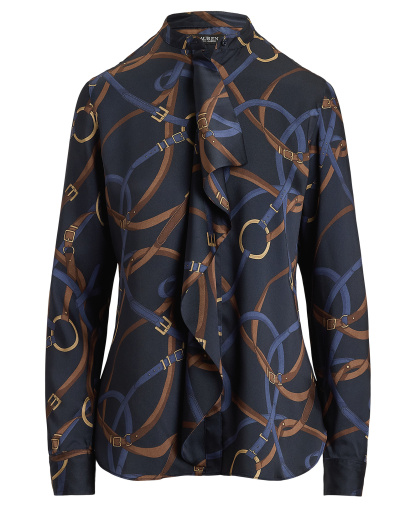 Lauren Ralph Lauren Women's Belting-Print Ruffle-Trim Twill Shirt - Navy Multi