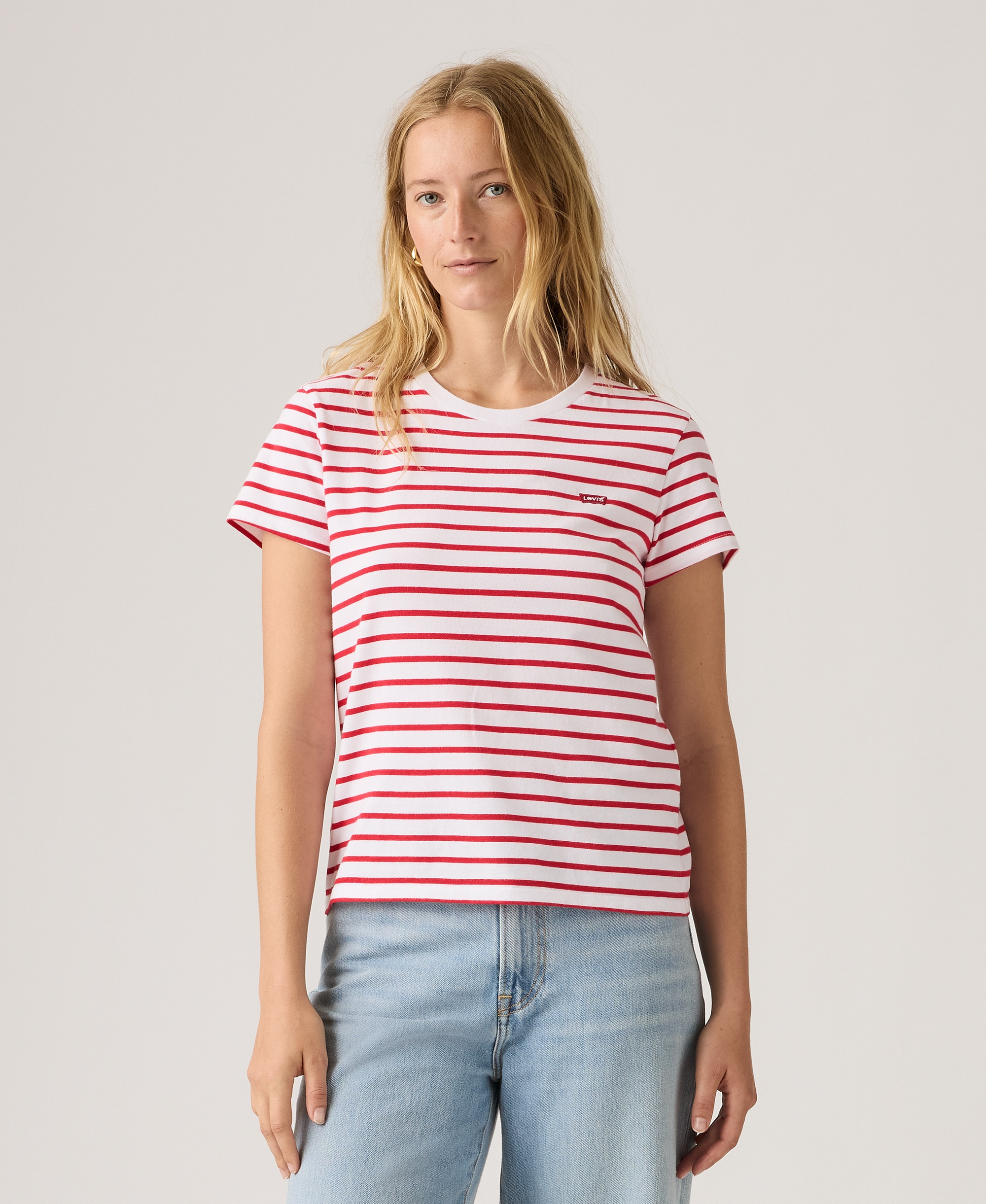 Levi's Women's The Perfect Crew Neck Cotton T-Shirt - Emily Stripe Bright White Urban Red