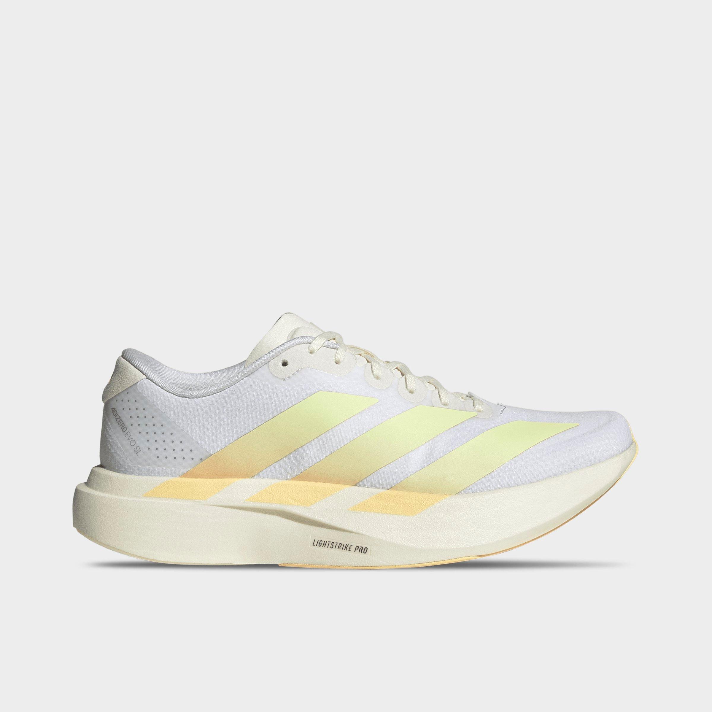 Women's adidas Adizero EVO SL Woven Running Shoes - Part 1 - Cloud White/Ice Tangerine/Off White - Left shoe facing left. Outside of the shoe.