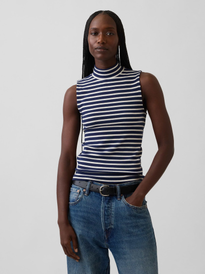 Modern Mockneck Tank Top - Navy blue stripe