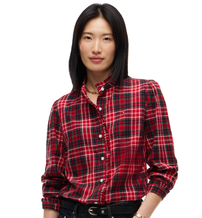 Tommy Hilfiger Women's Plaid Frill Flannel Shirt - Dark Tartan Red