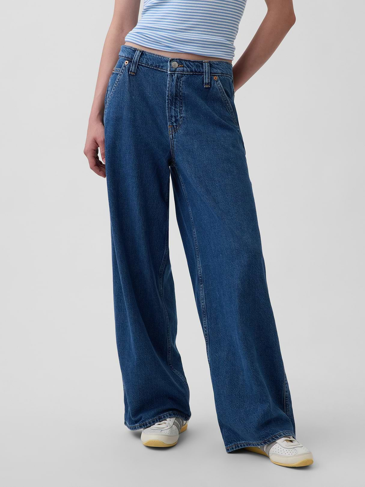 Mid Rise Denim Stripe Baggy Jeans - Dark indigo