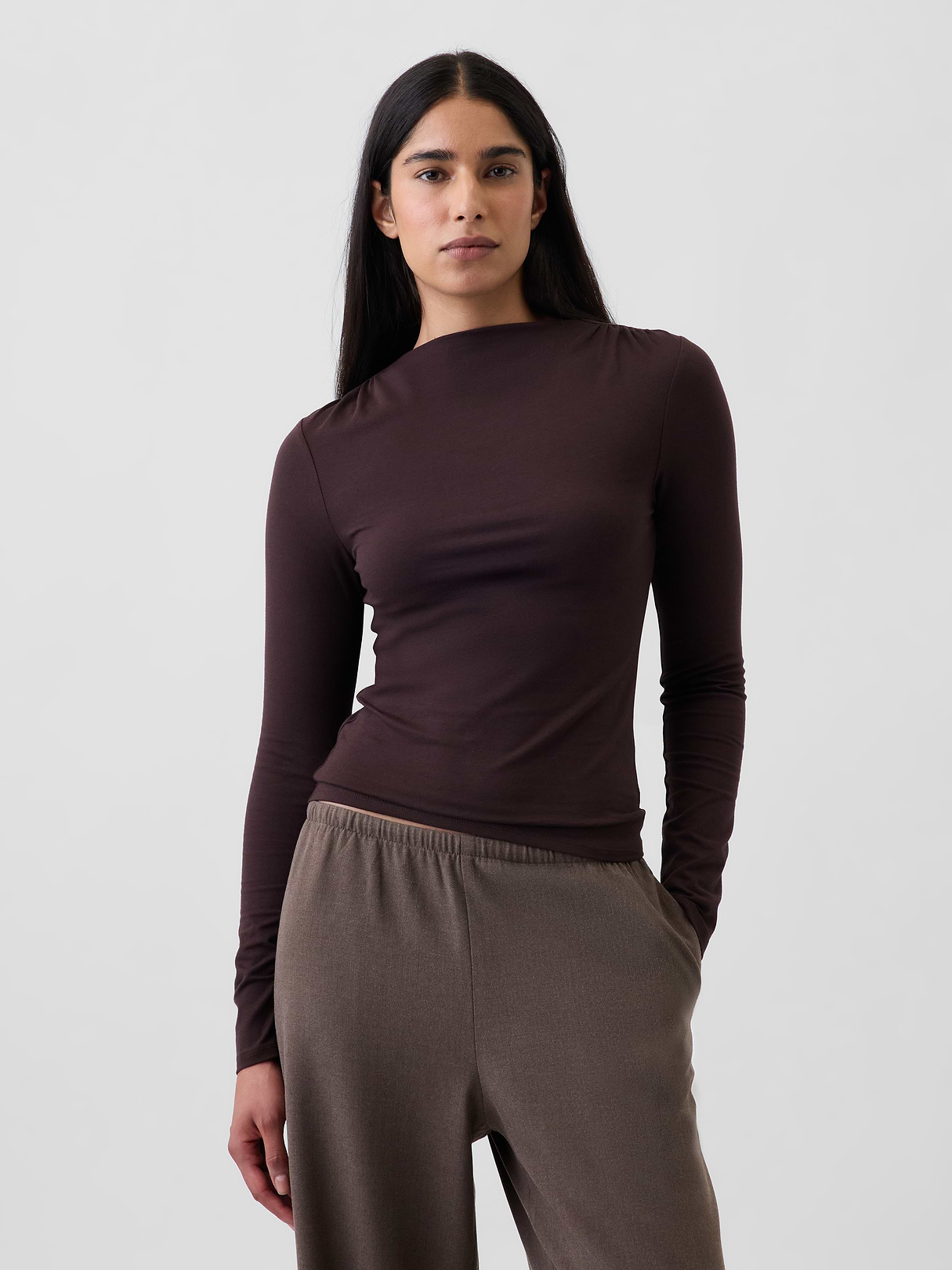 CloseKnit Jersey Funnel-Neck Ruched T-Shirt - Terra brown