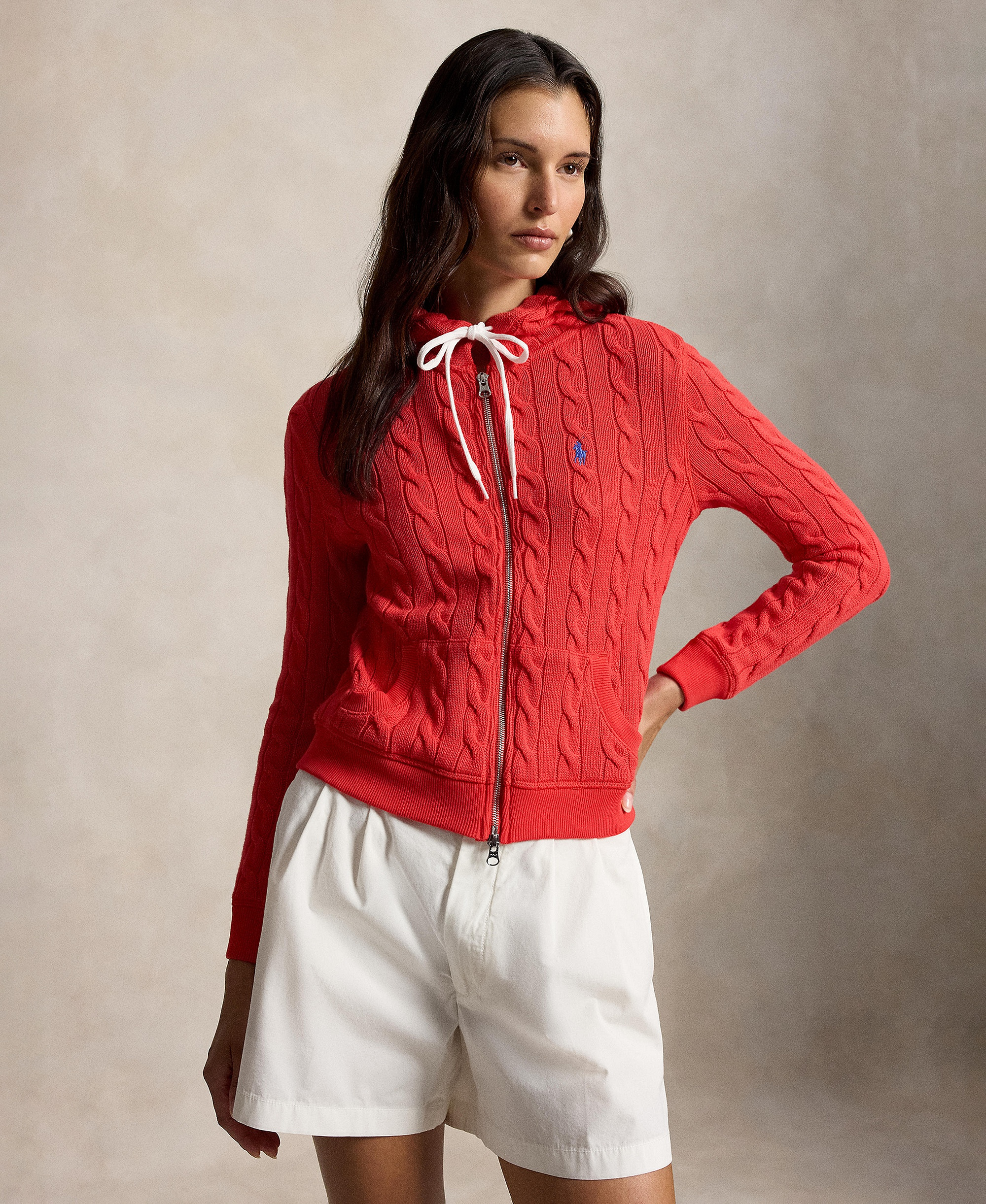 Polo Ralph Lauren Women's Cable-Knit Cotton Full-Zip Hoodie Sweater - Bright Hibiscus