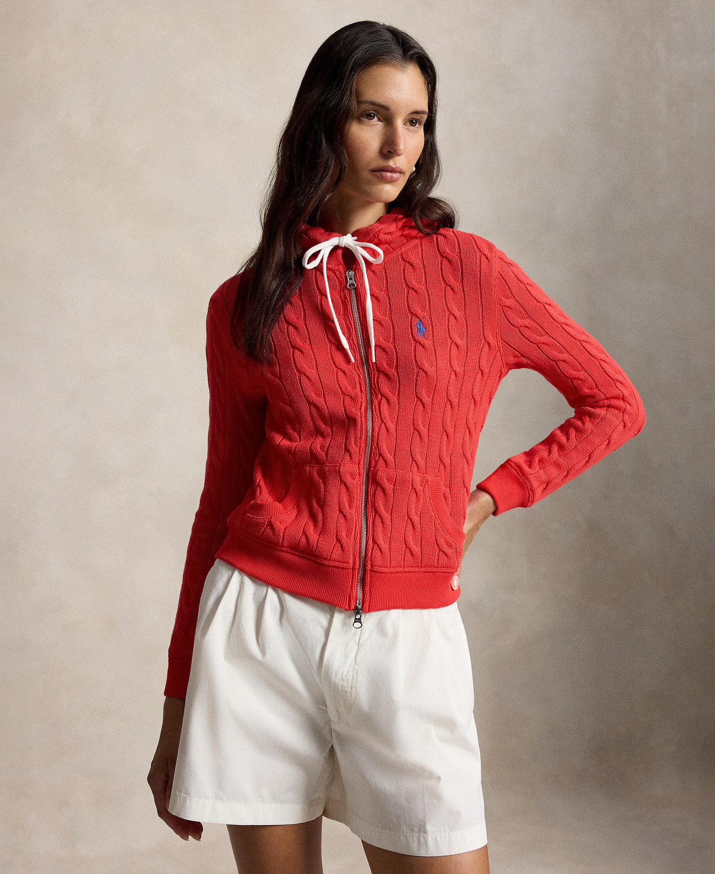 Polo Ralph Lauren Women's Cable-Knit Cotton Full-Zip Hoodie Sweater - Bright Hibiscus