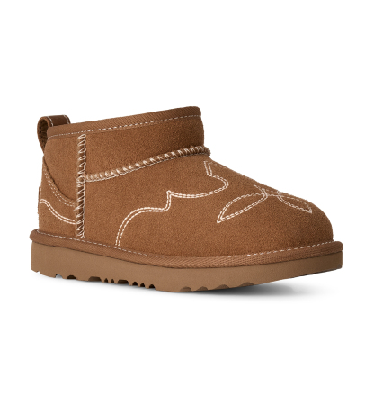 UGG® Kids Classic Ultra Mini Western Round Toe Booties - Chestnut