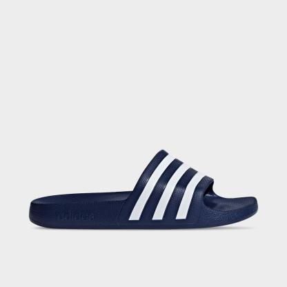 Women's adidas Originals adilette Aqua Slide Sandals - Dark Blue/Cloud White/Dark Blue - Left shoe facing left. Outside of the shoe.