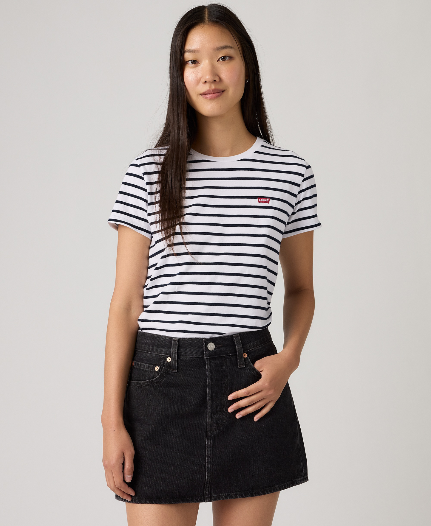 Levi's Women's The Perfect Crew Neck Cotton T-Shirt - Emily Stripe Bright White Navy Blazer