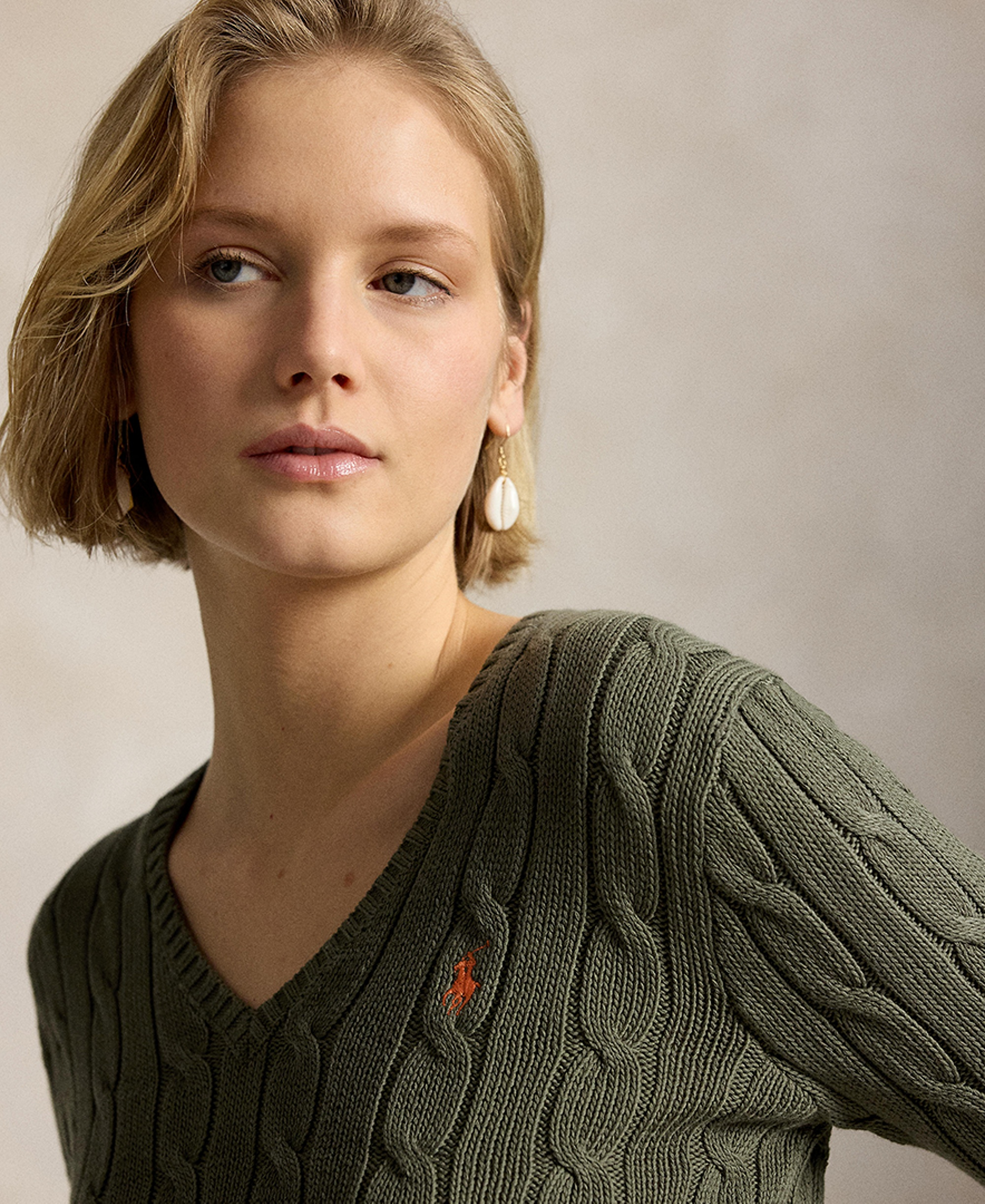 Polo Ralph Lauren Women's Cable-Knit Cotton V-Neck Sweater - Dense Olive