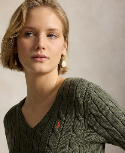 Polo Ralph Lauren Women's Cable-Knit Cotton V-Neck Sweater - Dense Olive