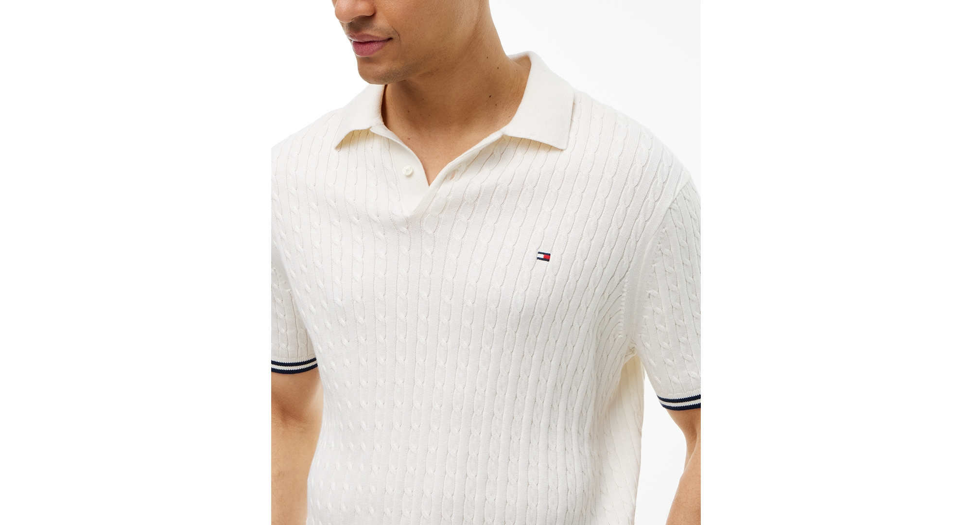 Tommy Hilfiger Men's Cable Knitted Short-Sleeve Sweater Polo Shirt - Ivory Petal