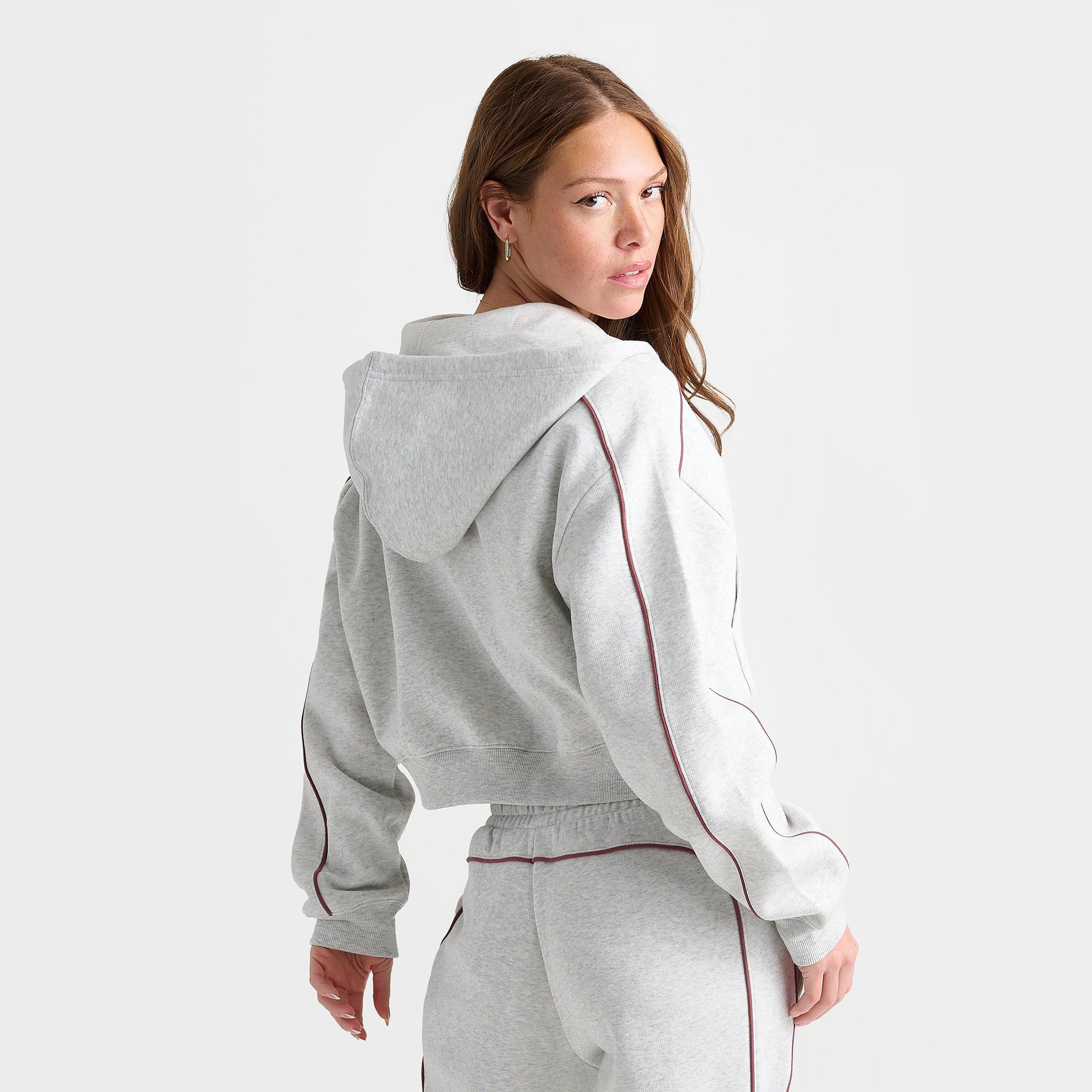 Women's New Balance Piped Cropped Full-Zip Hoodie - Ash Heather/Burgundy - view 4