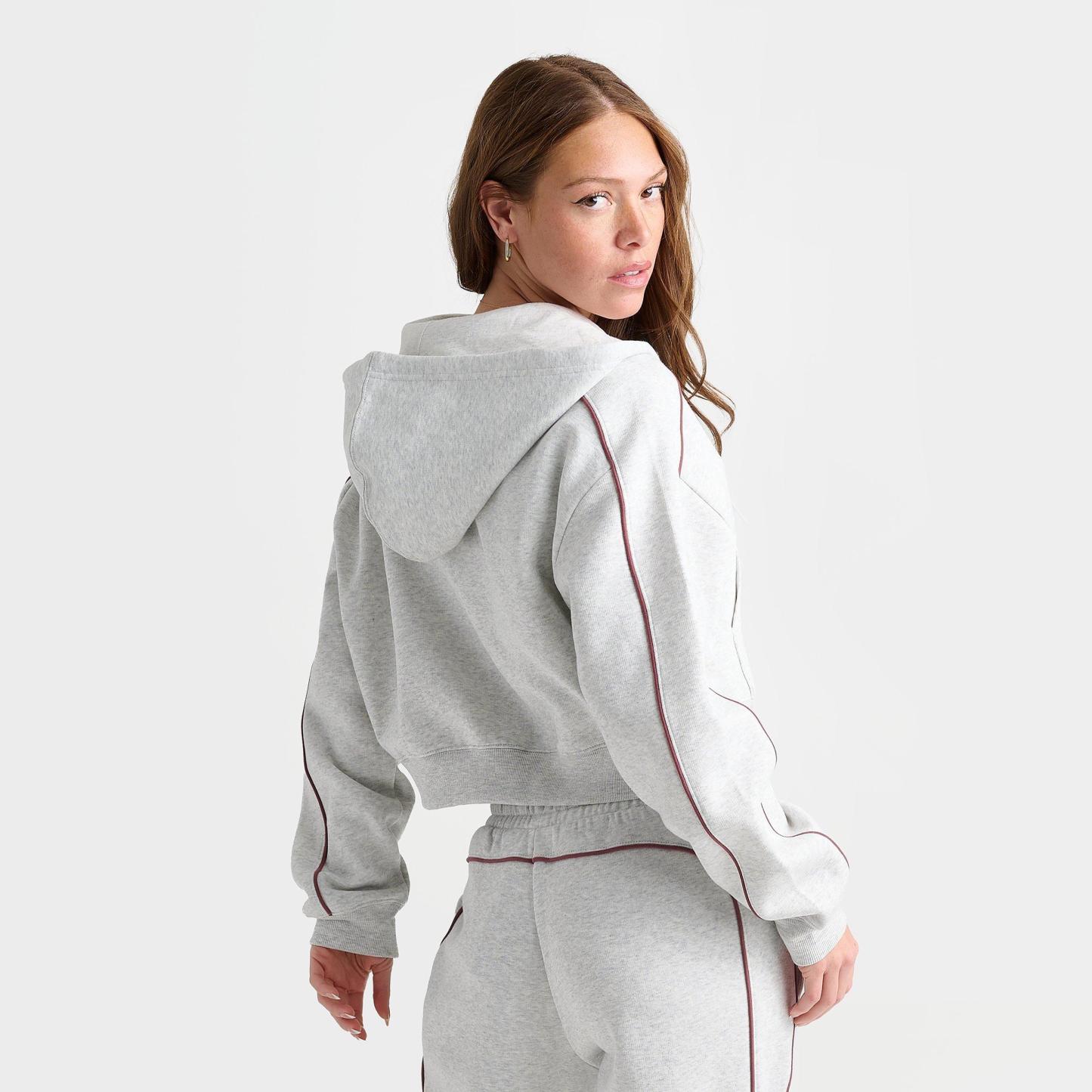 Women's New Balance Piped Cropped Full-Zip Hoodie - Ash Heather/Burgundy - view 4