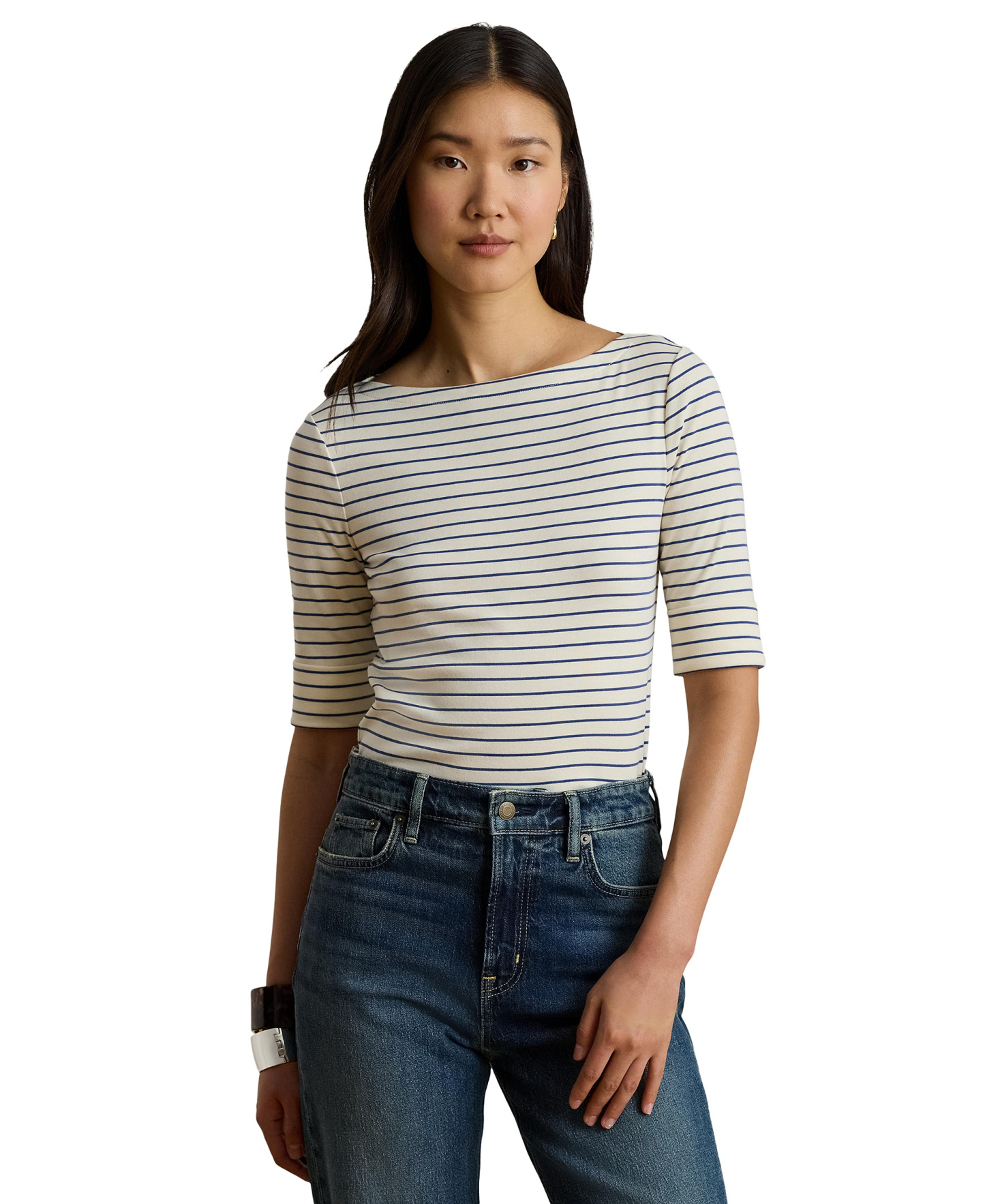 Lauren Ralph Lauren Women's Striped Boat Neck Top - Mas Cream/Inky Blue