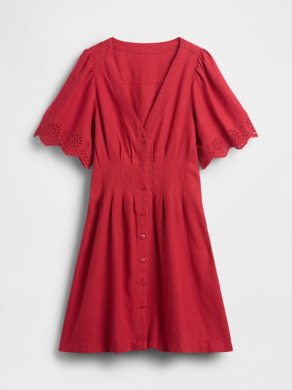 Linen-Blend Cinched Mini Shirtdress - Chakra red