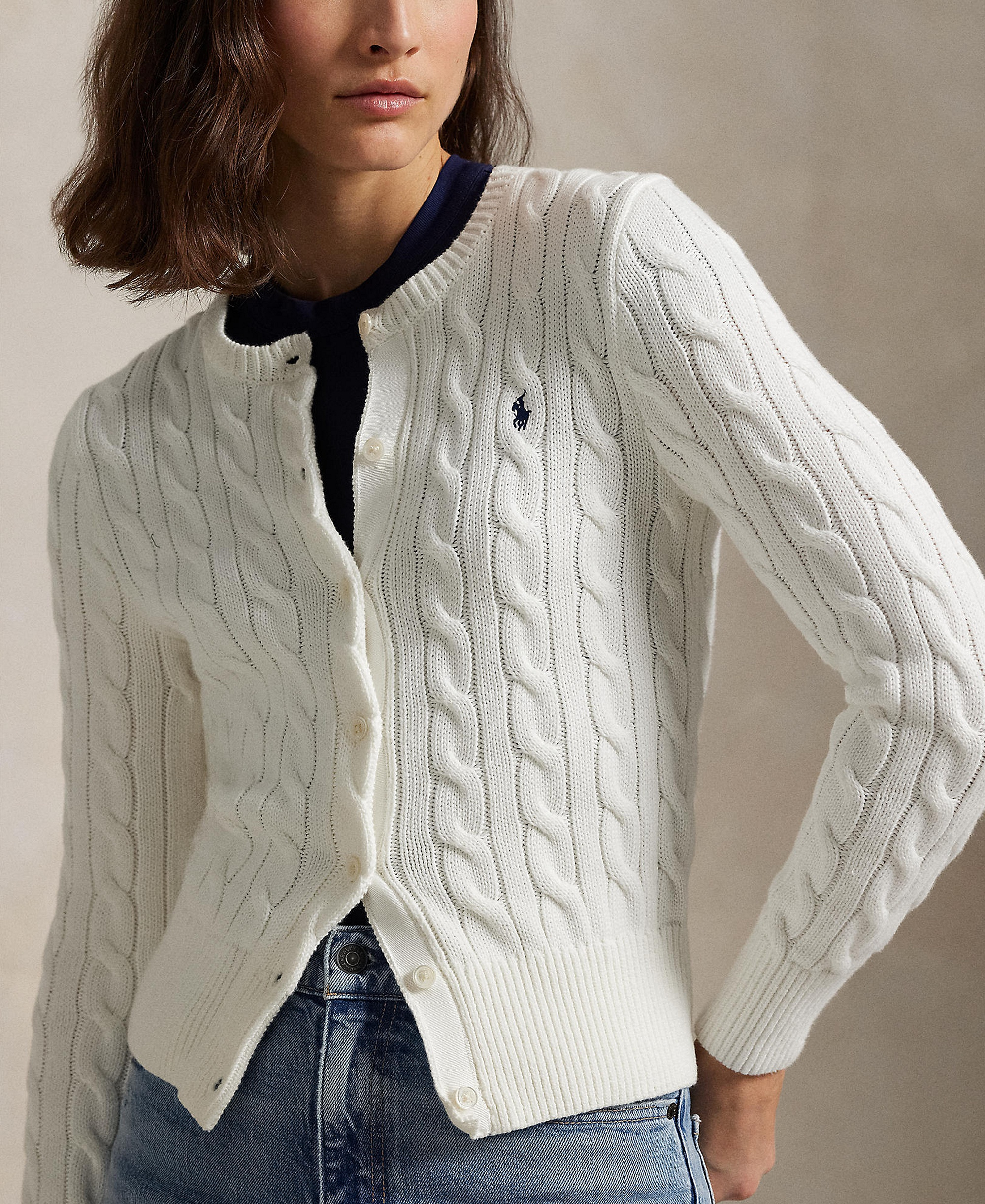 Polo Ralph Lauren Women's Cable-Knit Cotton Crewneck Cardigan Sweater - White