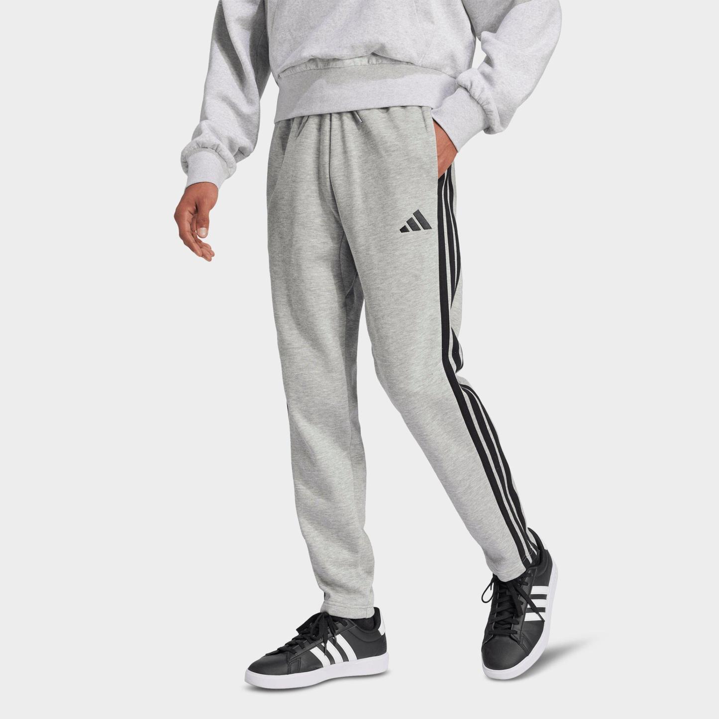 Men's adidas Essentials 3-Stripes Open Hem Fleece Pants - Medium Grey Heather/Black