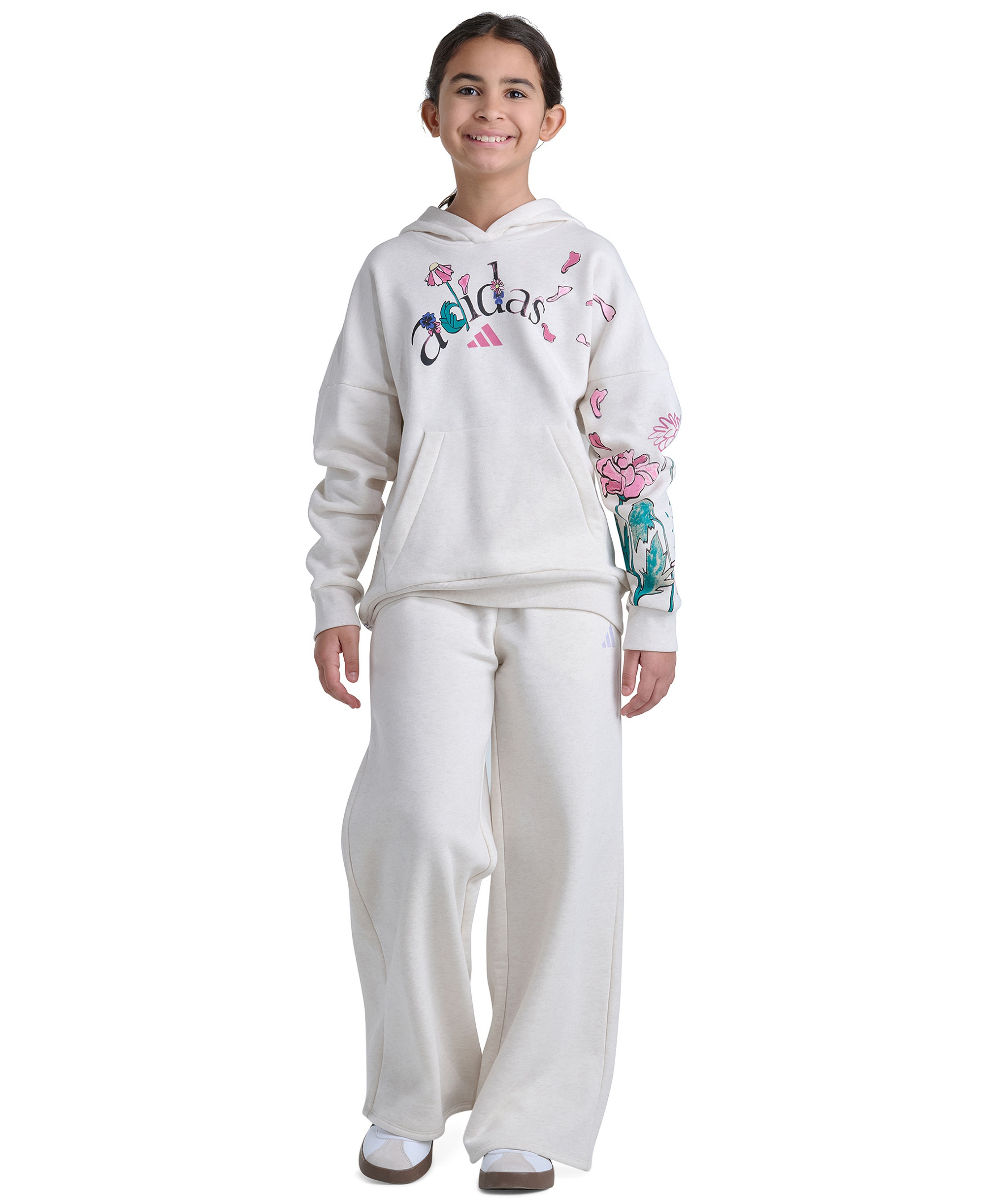 adidas Girls' 7-16 Elastic Waistband Wide Leg Heather Pants - Oatmeal Heather