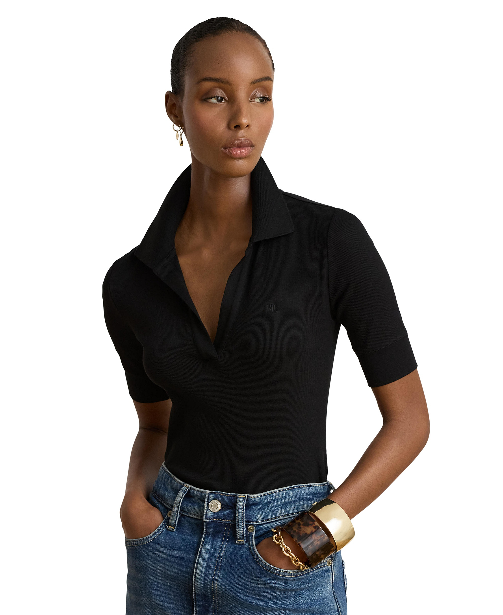 Lauren Ralph Lauren Women's Jersey Short-Sleeve Collared Top - Black