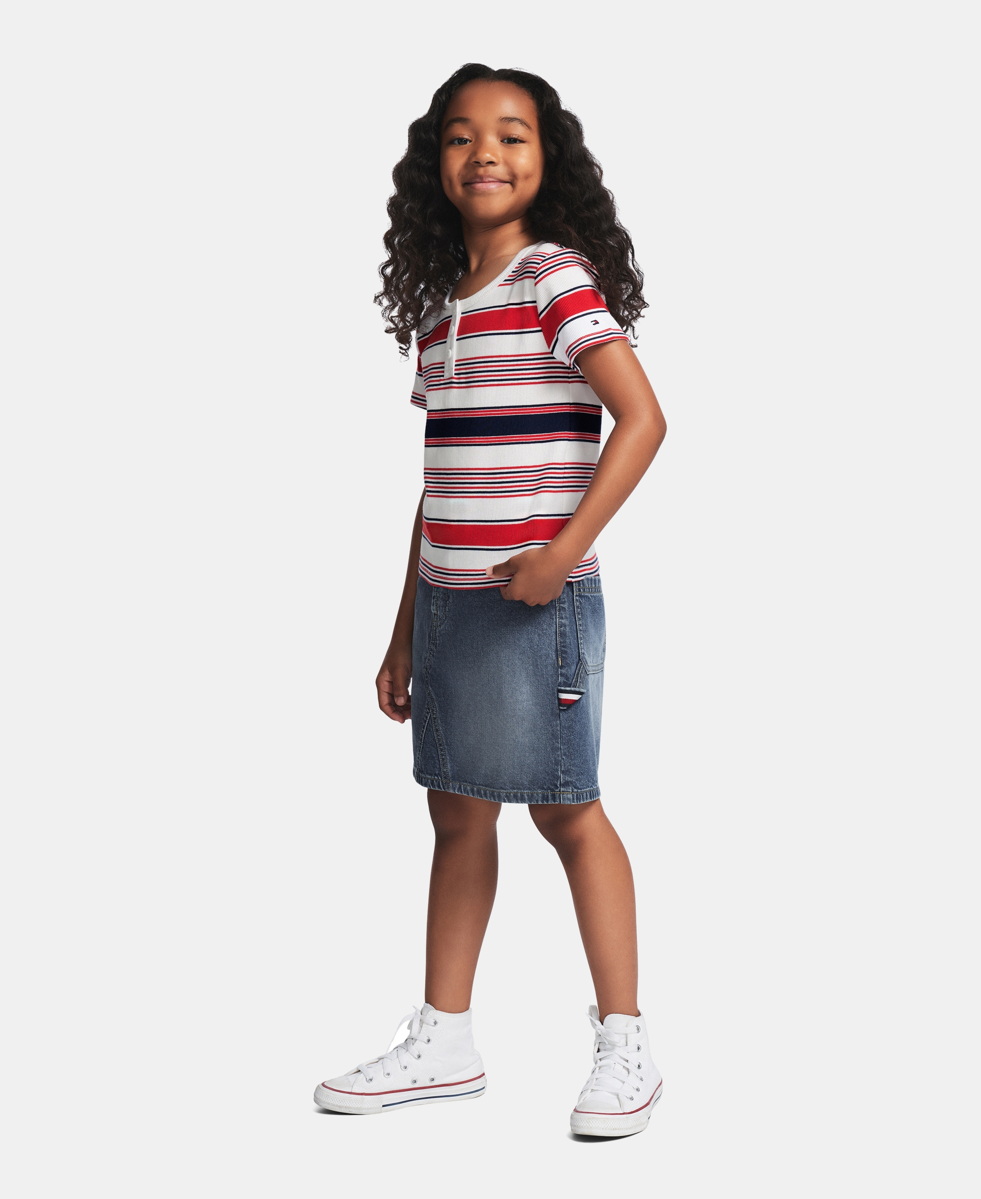Tommy Hilfiger Girls' 7-16 Striped Ribbed Short-Sleeve Top - White/Navy/Red