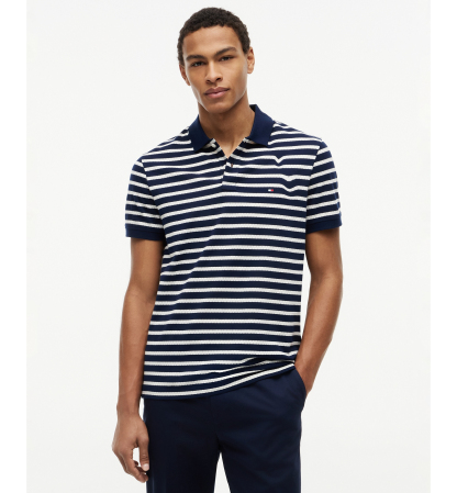 Tommy Hilfiger Men's Regular-Fit Perforated Jersey Stripe Polo Shirt - Navy / Ivory Petal