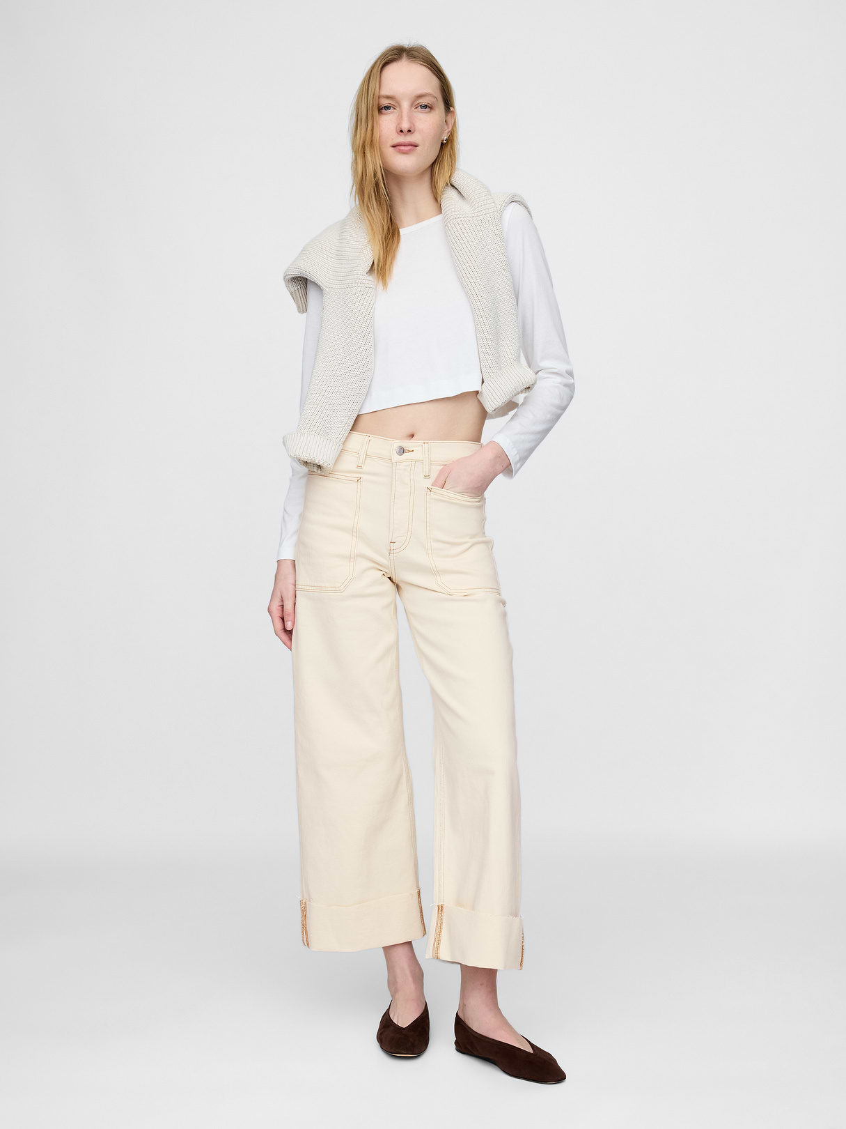 High Rise Stride Wide-Leg Ankle Jeans - Beach bebble beige