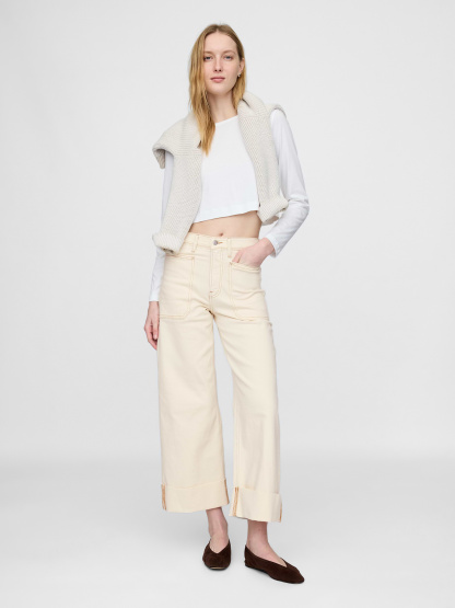 High Rise Stride Wide-Leg Ankle Jeans - Beach bebble beige