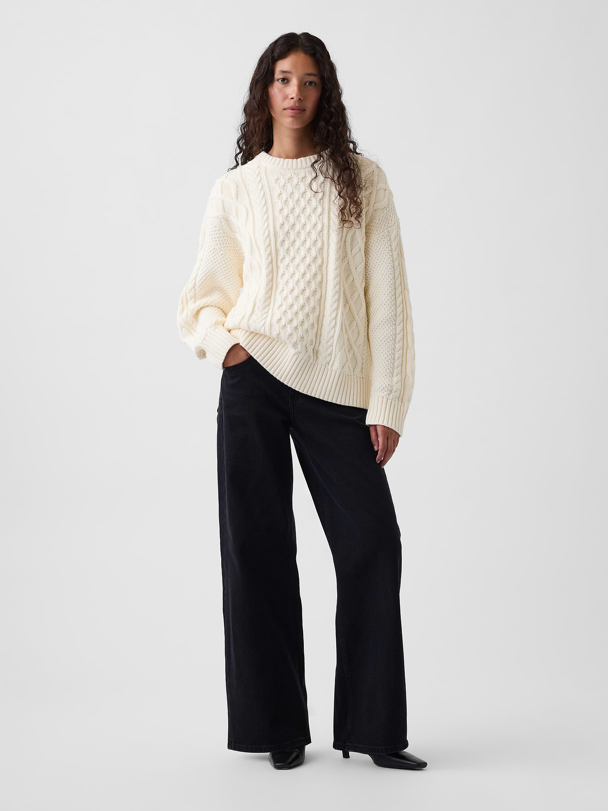 100% Cotton Cable-Knit Oversized Sweater - Ivory beige frost