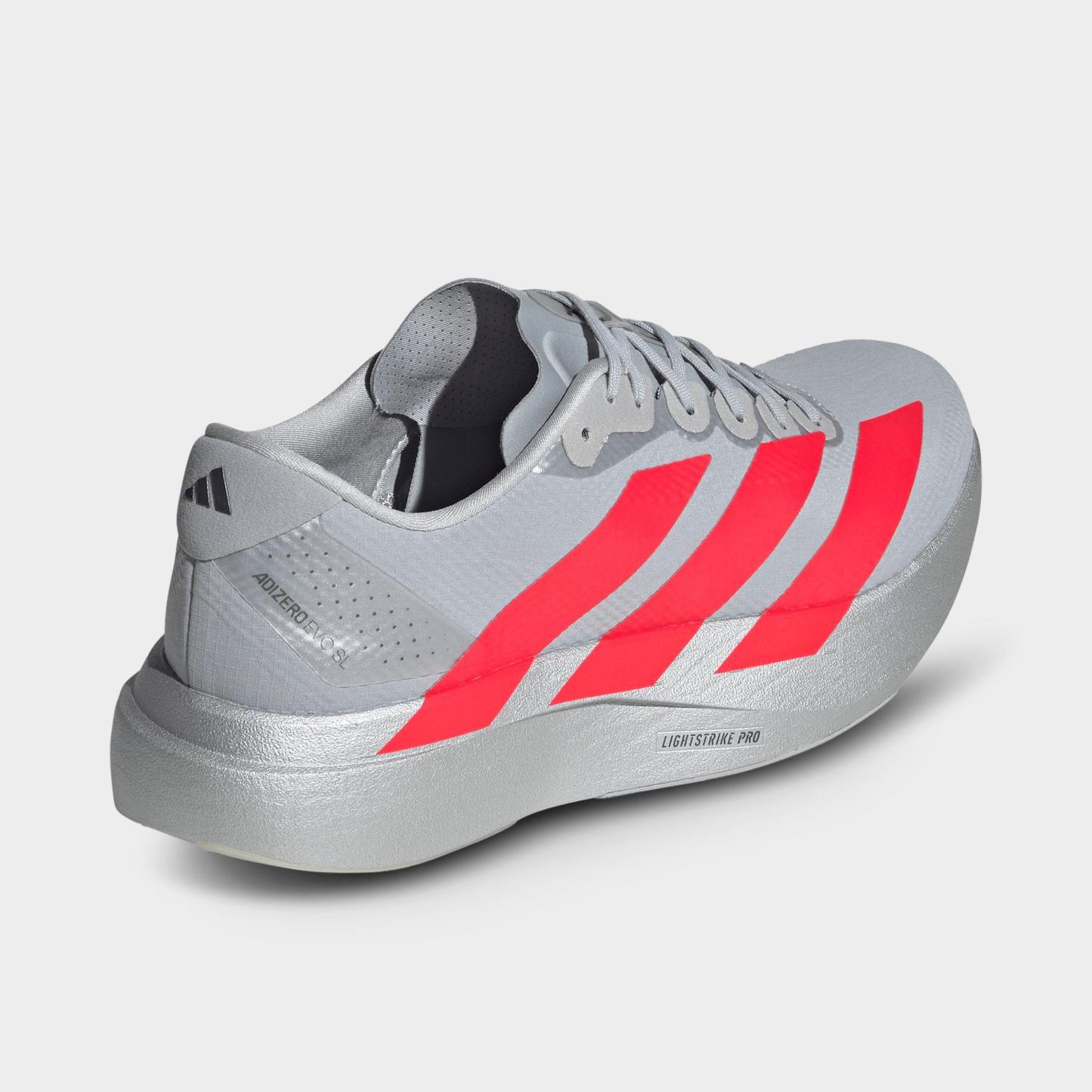 Men's adidas Adizero EVO SL Woven Running Shoes - Part 1 - Silver Metallic/Lucid Red/Iron Metallic - Back view