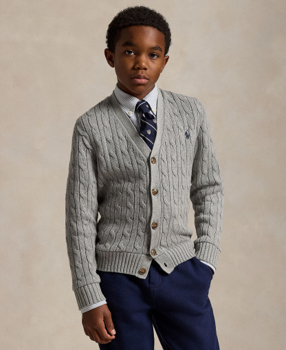 Polo Ralph Lauren Big Boys Cable-Knit Cotton V-Neck Cardigan Sweater - Andover Heather