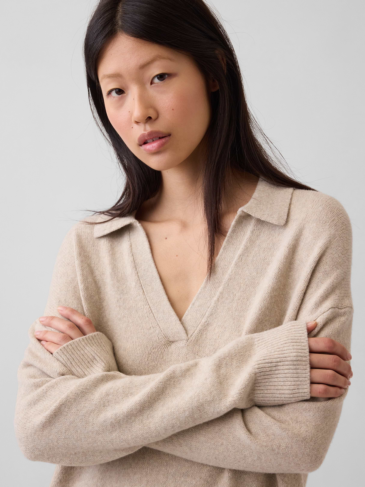 CashSoft Oversized Polo Sweater Mini Dress - Cobblestone beige