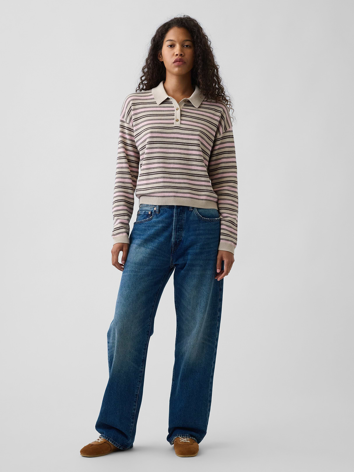 100% Cotton Relaxed Polo Sweater - Pink stripe