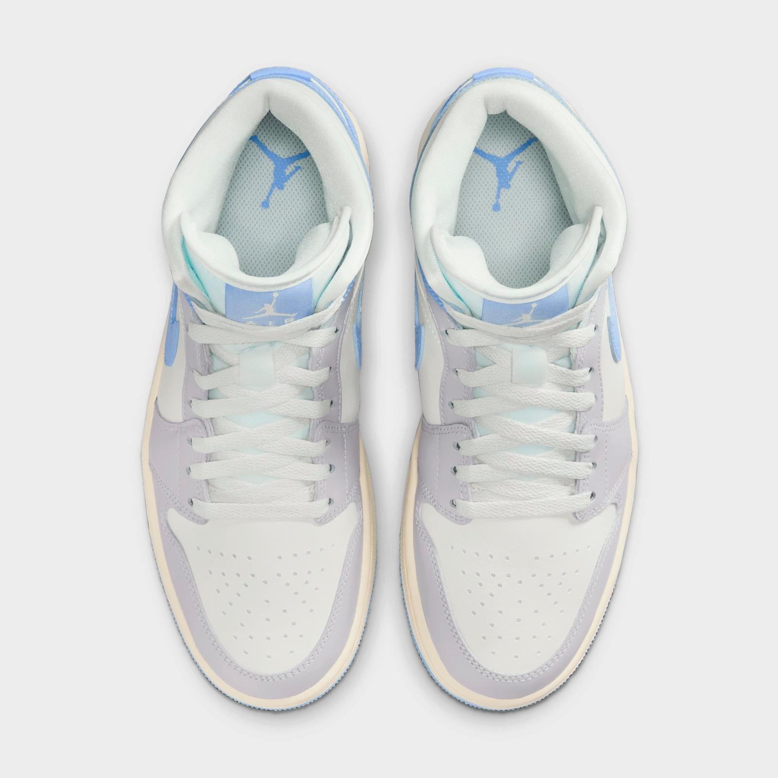 Women's Air Jordan Retro 1 Mid Casual Shoes - Psychic Blue/Sail/Coconut Milk/Neutral Grey - Left shoe facing left. Outside of the shoe. - view 5