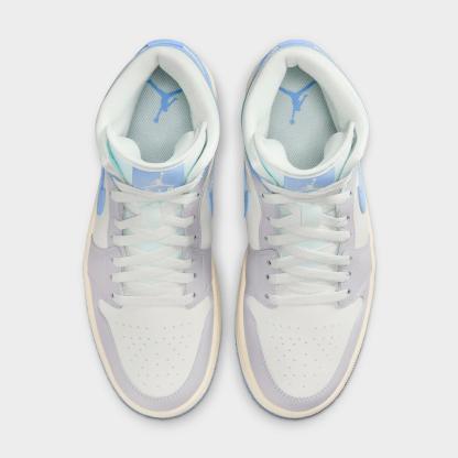 Women's Air Jordan Retro 1 Mid Casual Shoes - Psychic Blue/Sail/Coconut Milk/Neutral Grey - Left shoe facing left. Outside of the shoe. - view 5