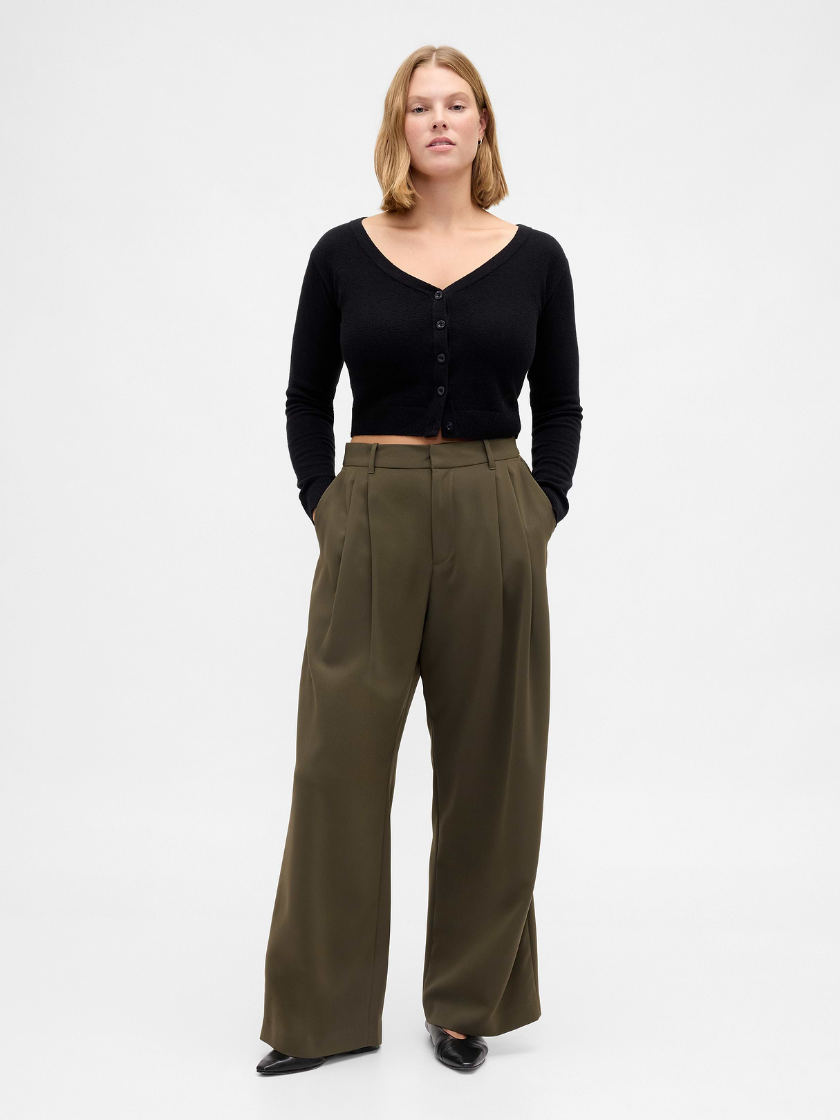 Curvy 365 High Rise Pleated Trousers - Black moss green