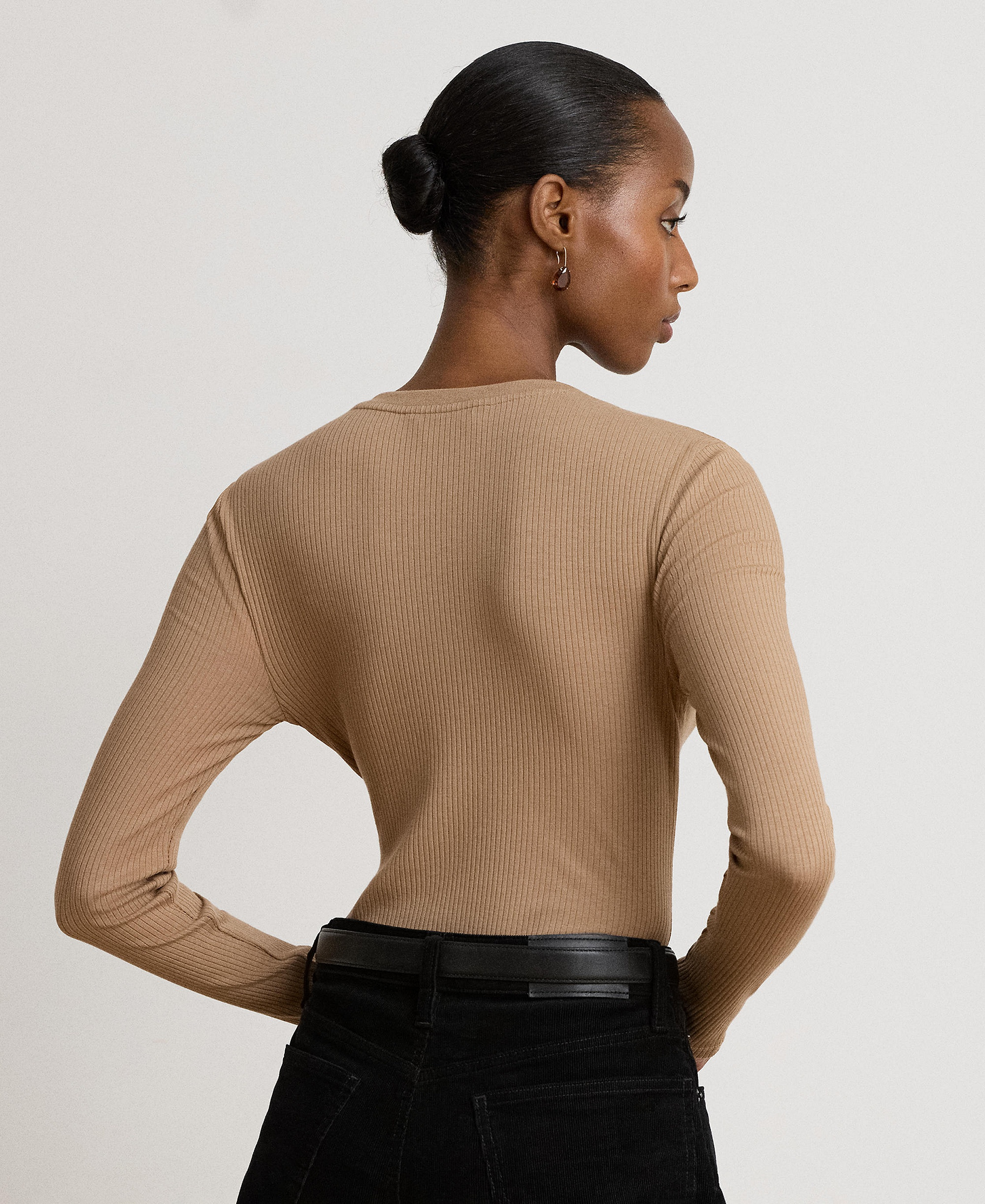 Lauren Ralph Lauren Women's Rib-Knit Long-Sleeve V-Neck Top - Lauren Camel