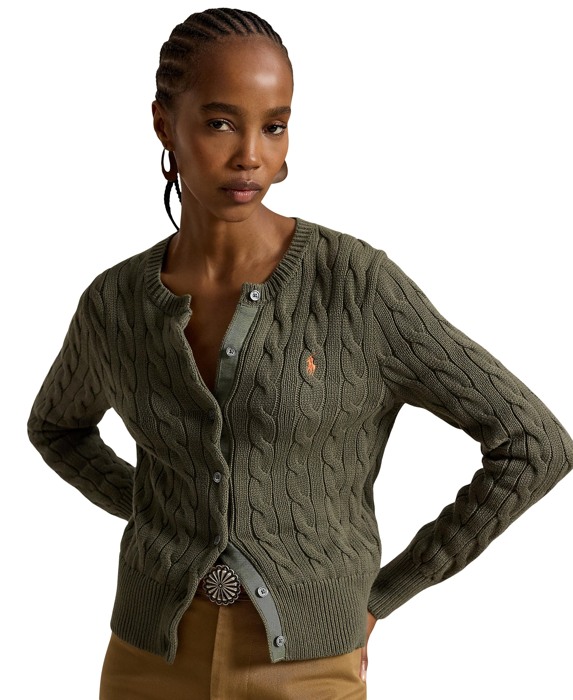 Polo Ralph Lauren Women's Cable-Knit Cotton Crewneck Cardigan Sweater - Dense Olive