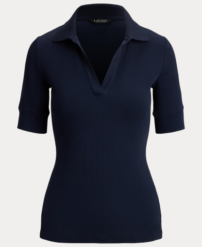Lauren Ralph Lauren Women's Jersey Short-Sleeve Collared Top - Lauren Navy