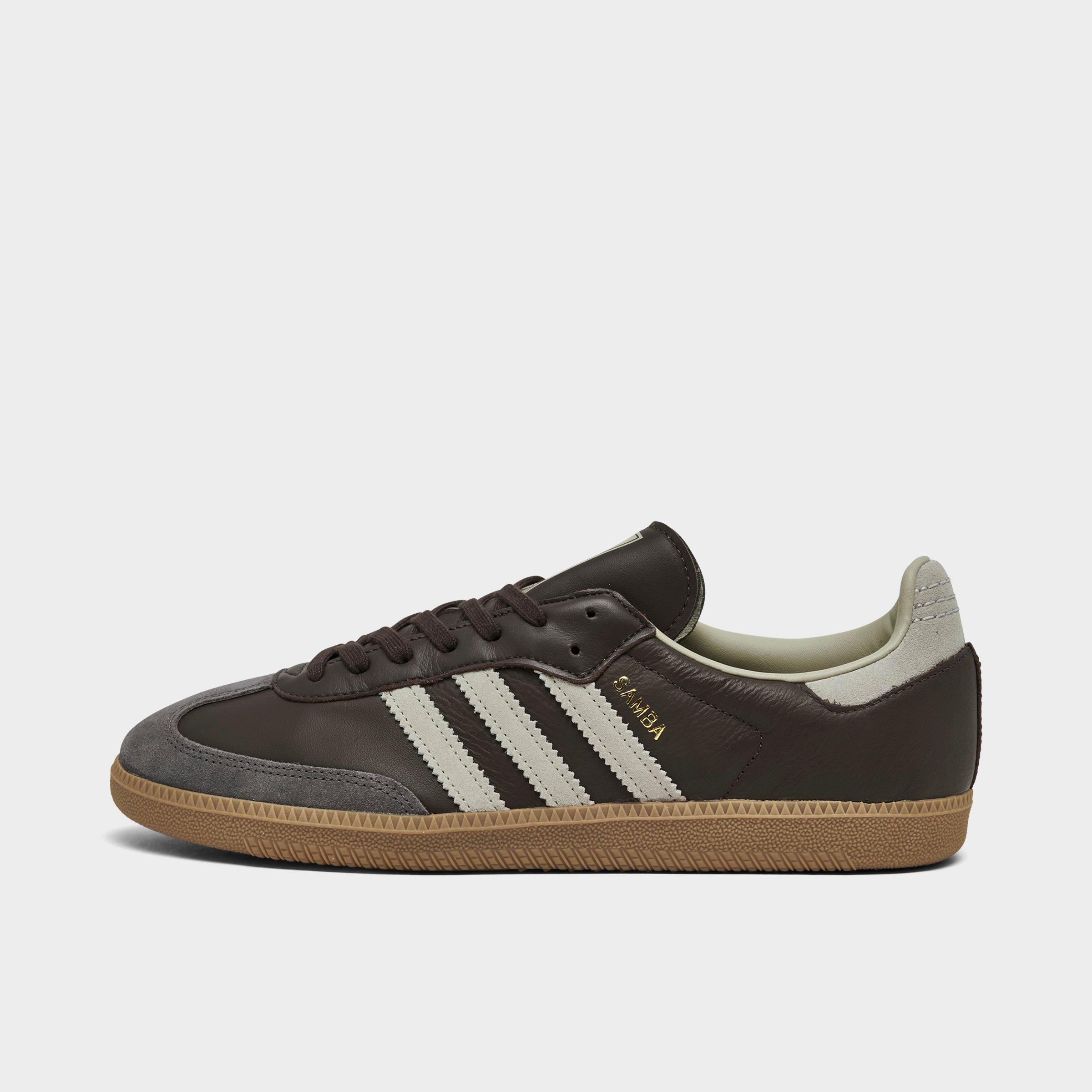 Men's adidas Originals Samba OG Casual Shoes - Part 1 - Brown/Putty Grey/Gold Metallic - Left shoe facing left. Outside of the shoe.