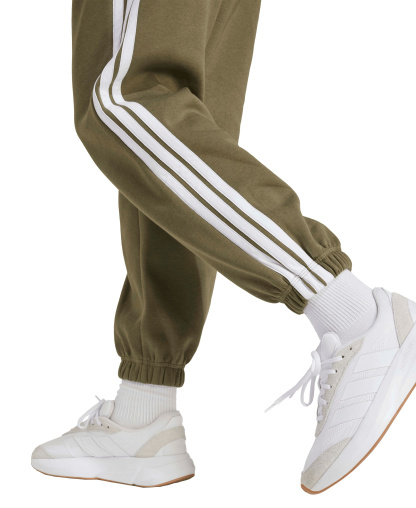 adidas Women's Essentials 3-Stripes Pull-On Fleece Loose Pants - Olive Strata/White