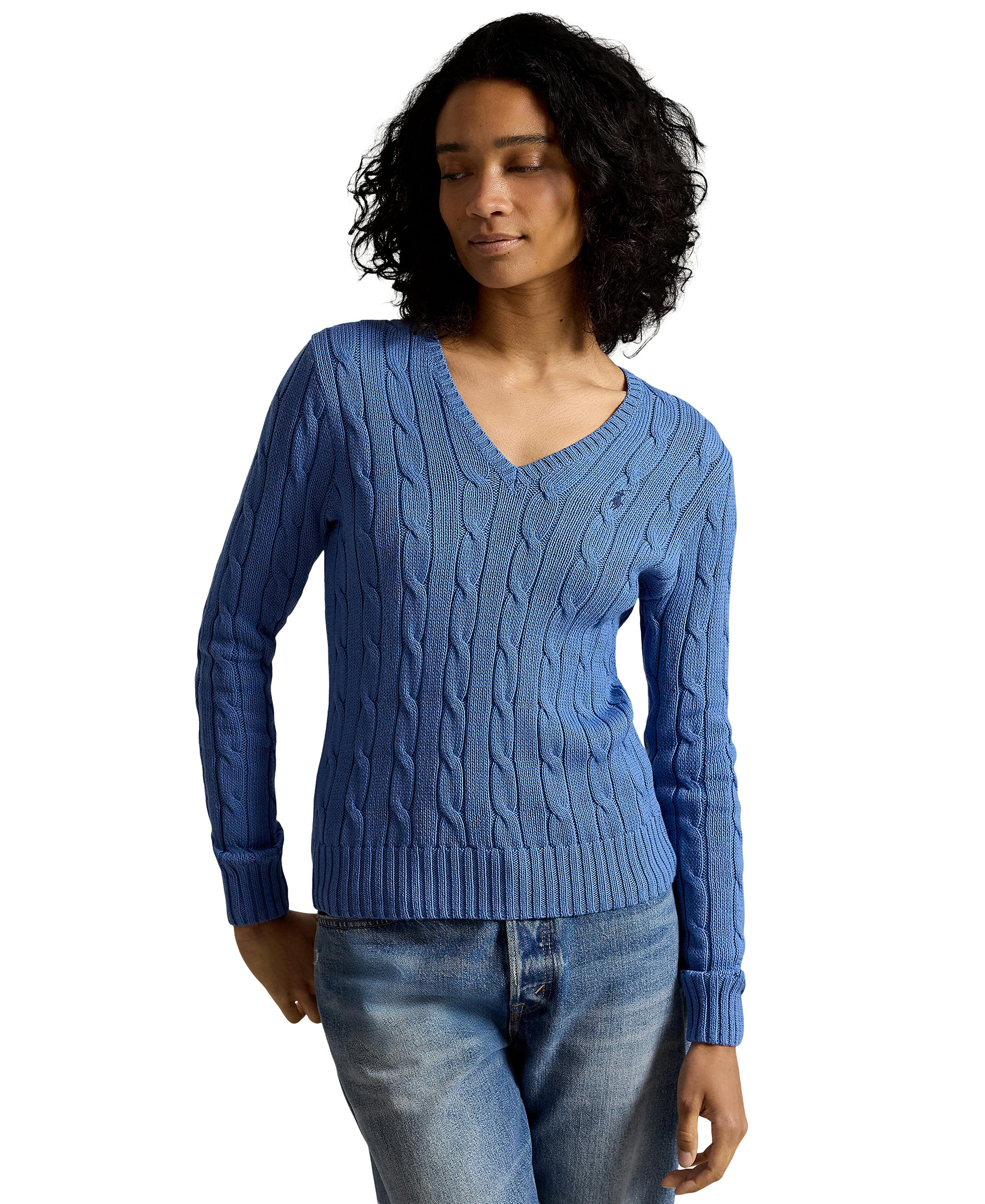 Polo Ralph Lauren Women's Cable-Knit Cotton V-Neck Sweater - Nimes Blue