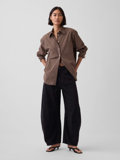 Organic Cotton Poplin Stripe Big Shirt - Brown & off white stripe