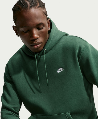Nike Men's Club Pullover Fleece Hoodie Logo - Fir/White
