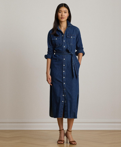 Lauren Ralph Lauren Women's Collared Belted Denim Midi Shirt-Dress - Harvest Wash