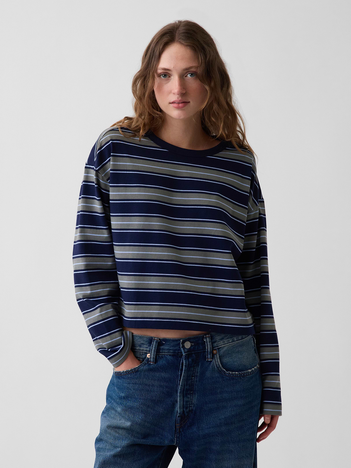 Knit Oversized Crop T-Shirt - Castor grey & navy blue stripe