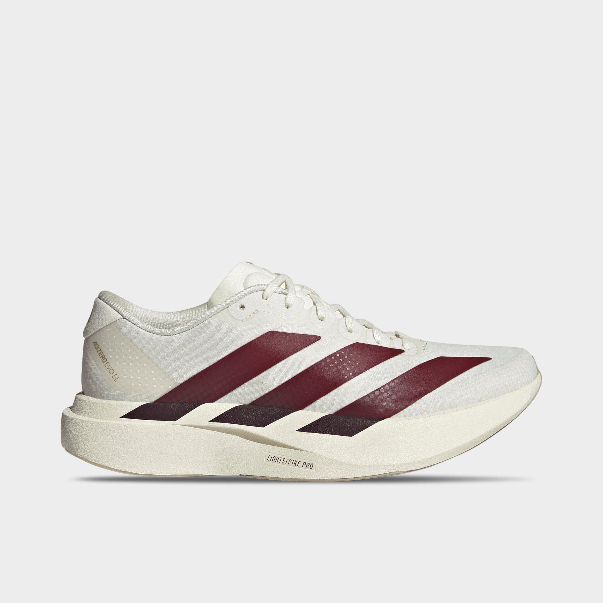 Women's adidas Adizero EVO SL Woven Running Shoes - Part 1 - Off White/Shadow Red/Collegiate Green - Left shoe facing left. Outside of the shoe.